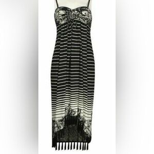 Muse Black and White Striped Midi Dress fringed boho sz 8 nwt